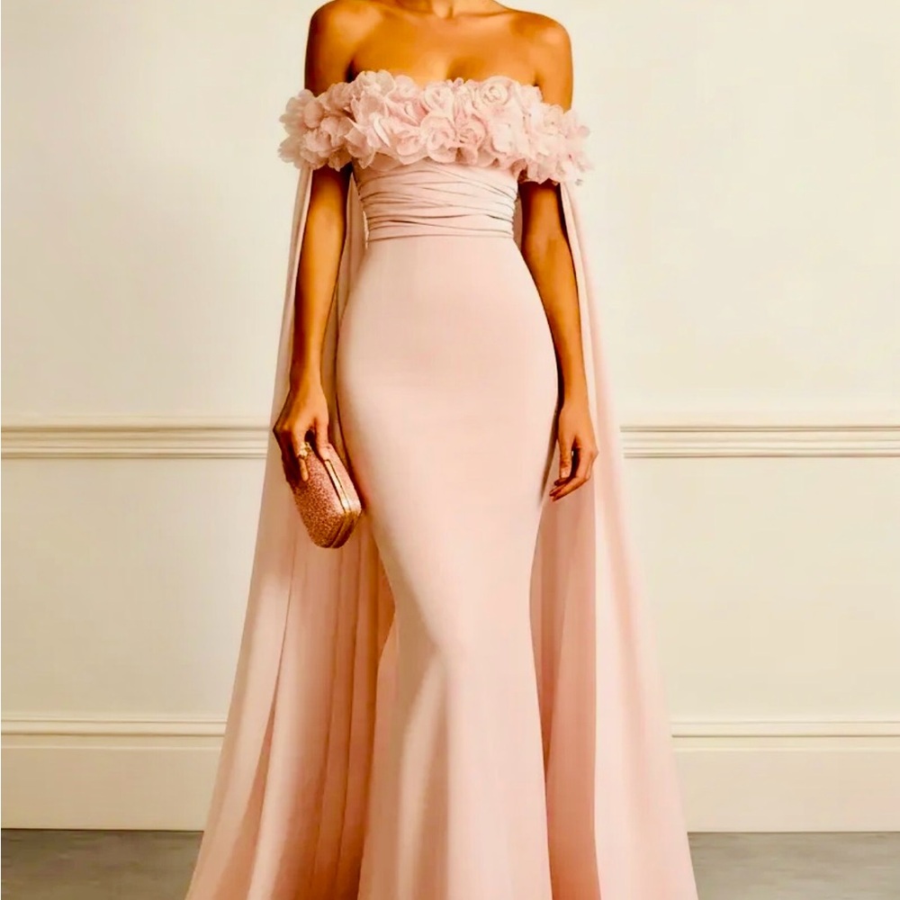 Pink 3D Floral Ruched Classic Off The Shoulder Short Sleeve Mermaid Gown Dress